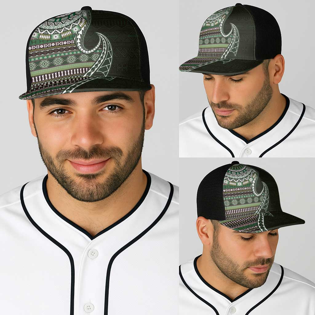 Fijian Masi Tribal Tattoos Art Pattern Baseball Net Cap Green Color Half Style - Polynesian Pride
