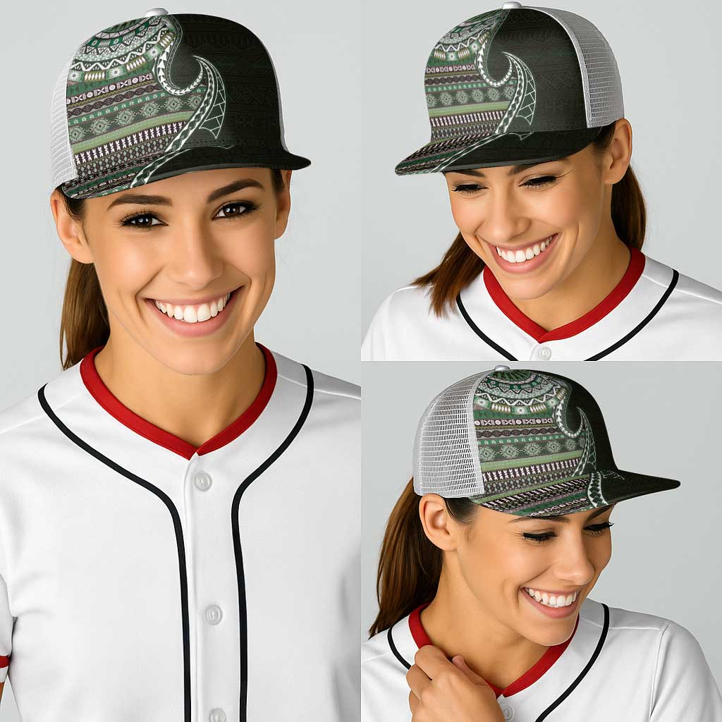 Fijian Masi Tribal Tattoos Art Pattern Baseball Net Cap Green Color Half Style - Polynesian Pride