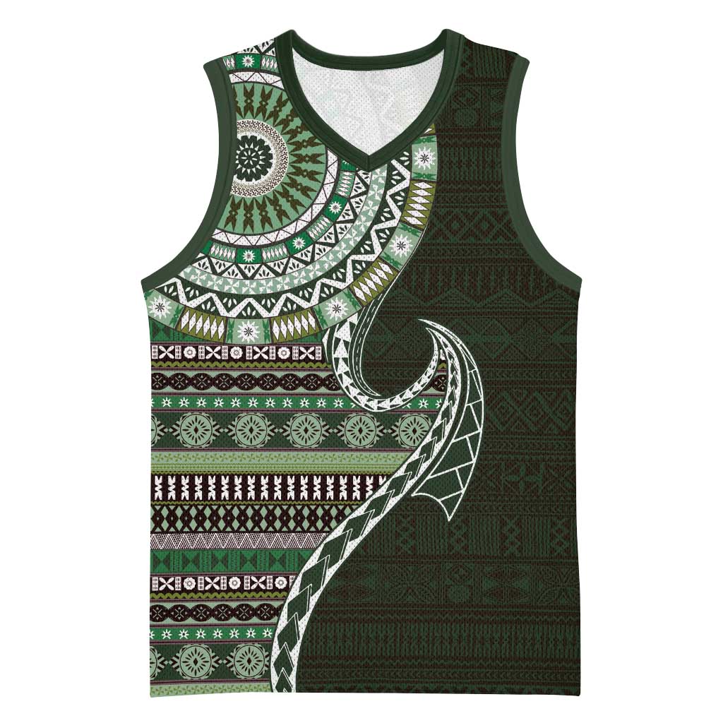 Fijian Masi Tribal Tattoos Art Pattern Basketball Jersey Green Color Half Style - Polynesian Pride