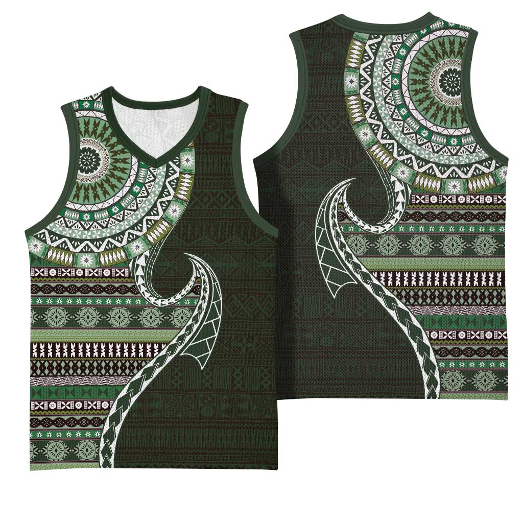 Fijian Masi Tribal Tattoos Art Pattern Basketball Jersey Green Color Half Style - Polynesian Pride