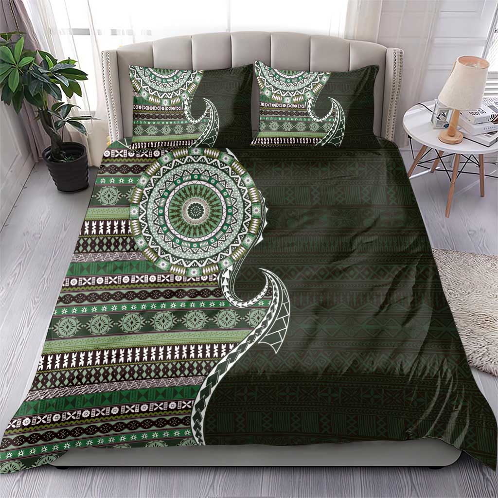 Fijian Masi Tribal Tattoos Art Pattern Bedding Set Green Color Half Style - Polynesian Pride