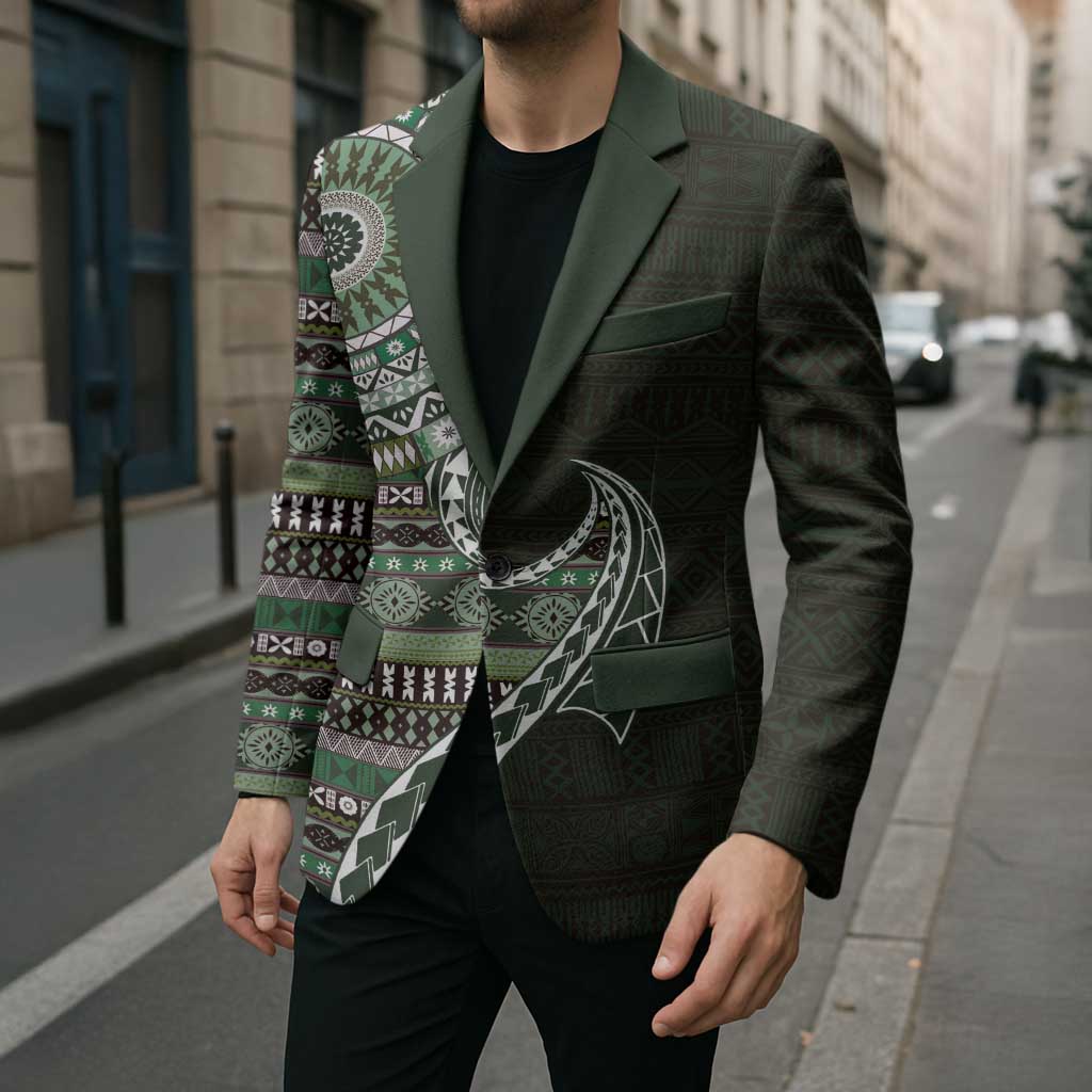 Fijian Masi Tribal Tattoos Art Pattern Blazer Green Color Half Style LT03 - Polynesian Pride