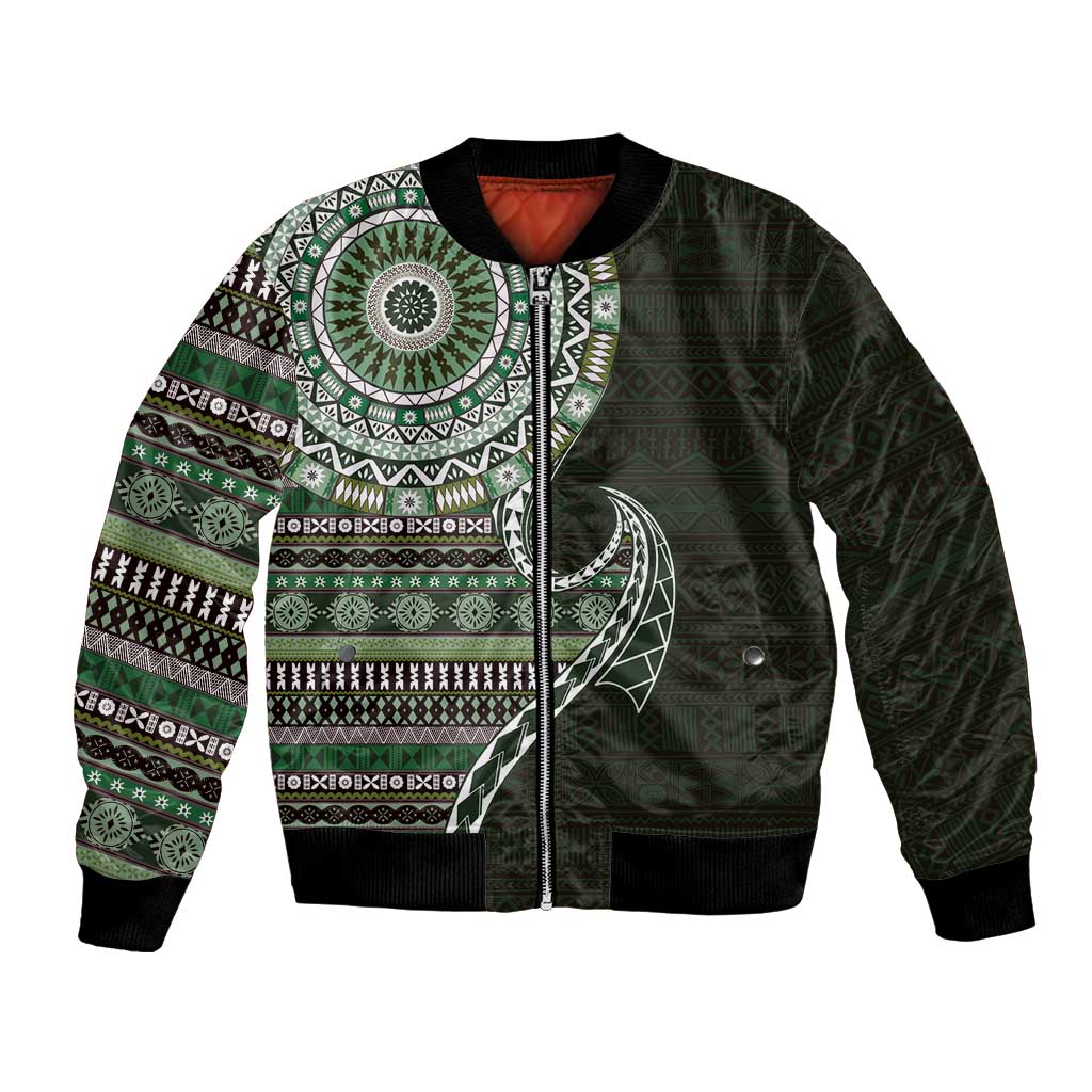 Fijian Masi Tribal Tattoos Art Pattern Bomber Jacket Green Color Half Style - Polynesian Pride