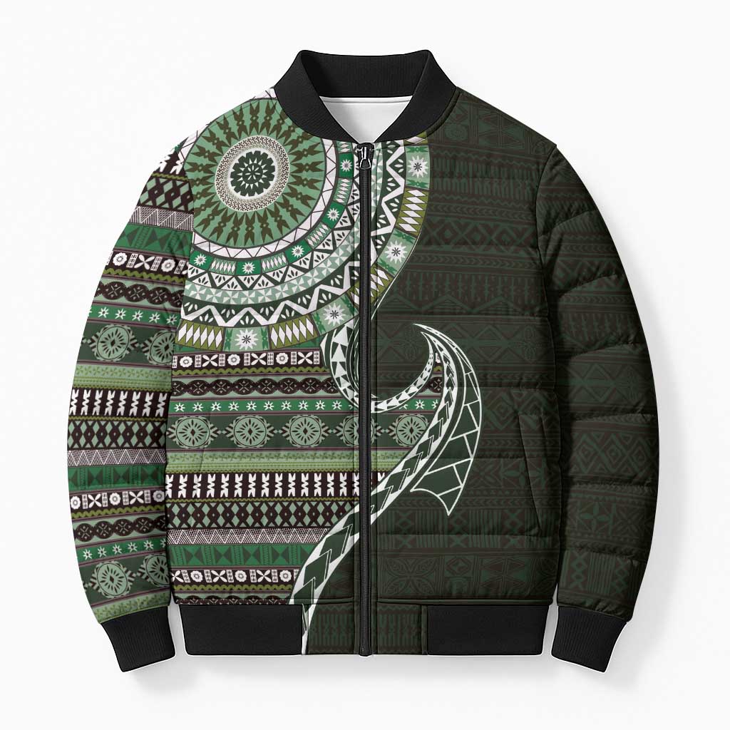 Fijian Masi Tribal Tattoos Art Pattern Bomber Puffer Jacket Green Color Half Style - Polynesian Pride