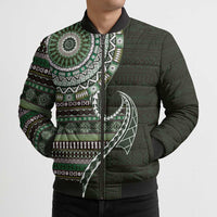 Fijian Masi Tribal Tattoos Art Pattern Bomber Puffer Jacket Green Color Half Style - Polynesian Pride