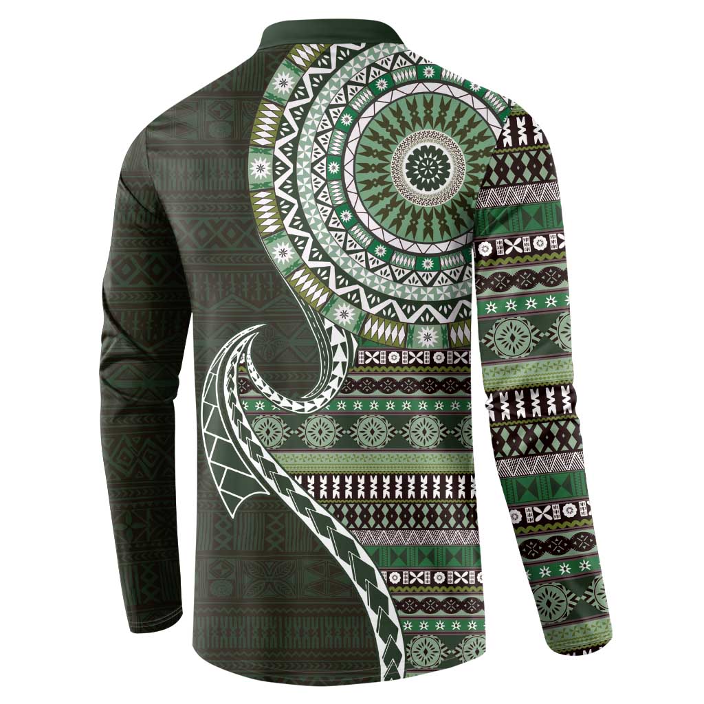 Fijian Masi Tribal Tattoos Art Pattern Button Sweatshirt Green Color Half Style - Polynesian Pride