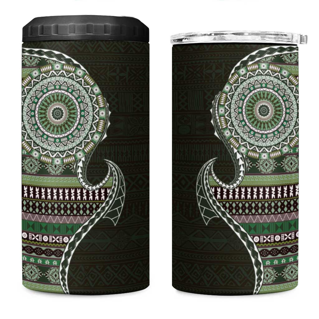 Fijian Masi Tribal Tattoos Art Pattern 4 in 1 Can Cooler Tumbler Green Color Half Style - Polynesian Pride