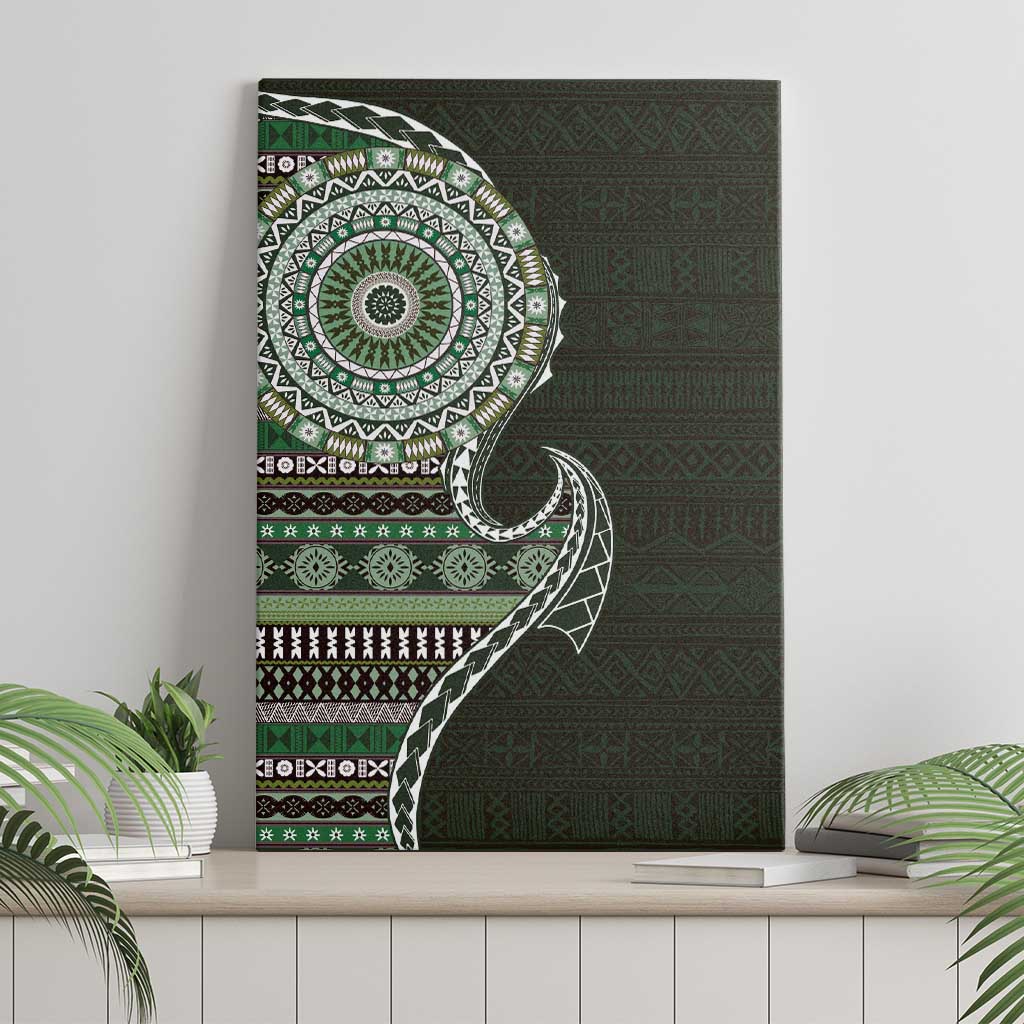 Fijian Masi Tribal Tattoos Art Pattern Canvas Wall Art Green Color Half Style - Polynesian Pride