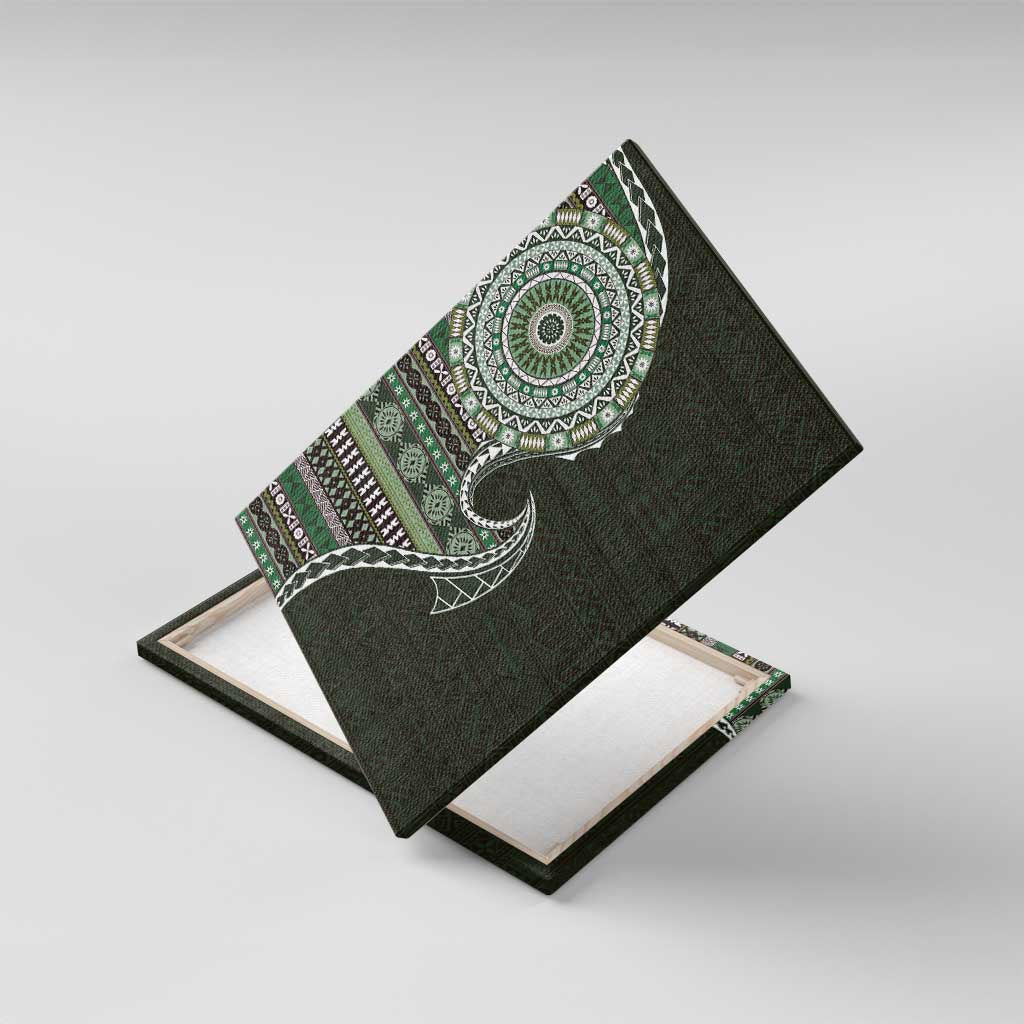 Fijian Masi Tribal Tattoos Art Pattern Canvas Wall Art Green Color Half Style - Polynesian Pride