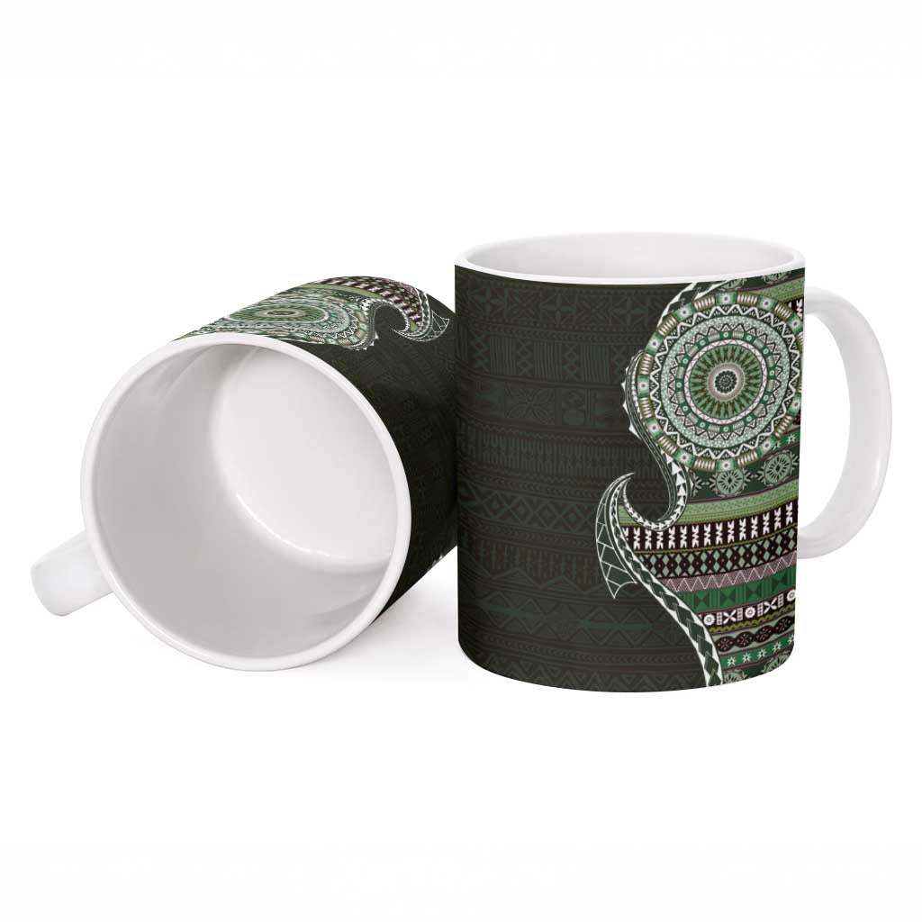 Fijian Masi Tribal Tattoos Art Pattern Ceramic Mug Green Color Half Style - Polynesian Pride