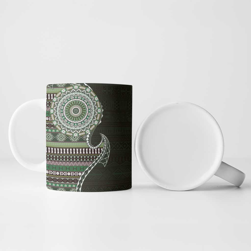 Fijian Masi Tribal Tattoos Art Pattern Ceramic Mug Green Color Half Style - Polynesian Pride