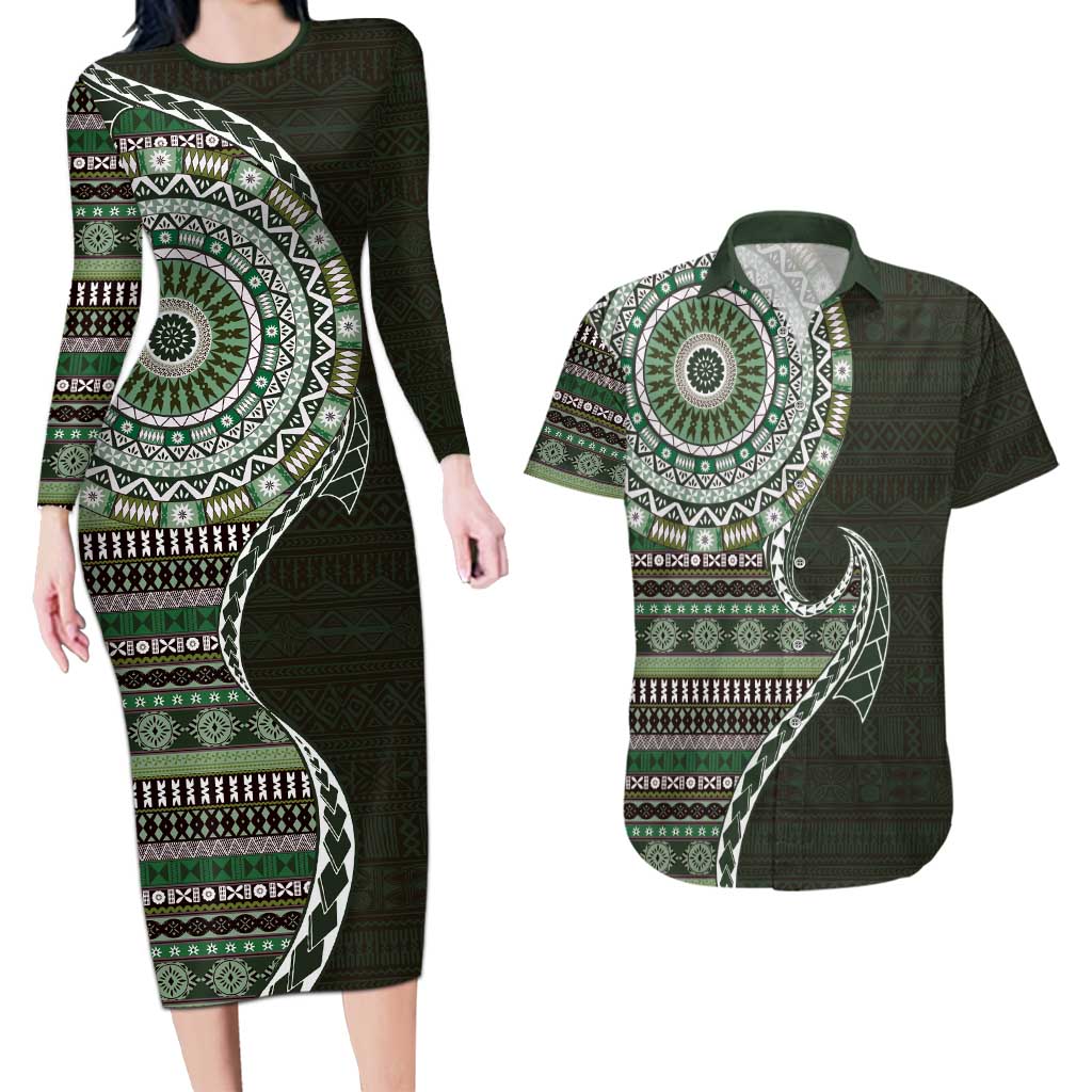 Fijian Masi Tribal Tattoos Art Pattern Couples Matching Long Sleeve Bodycon Dress and Hawaiian Shirt Green Color Half Style - Polynesian Pride