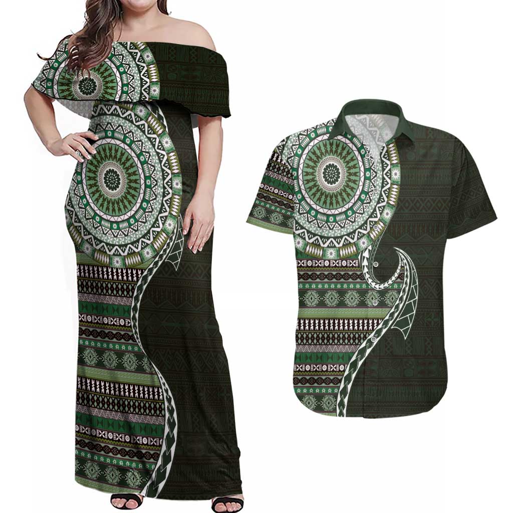 Fijian Masi Tribal Tattoos Art Pattern Couples Matching Off Shoulder Maxi Dress and Hawaiian Shirt Green Color Half Style - Polynesian Pride