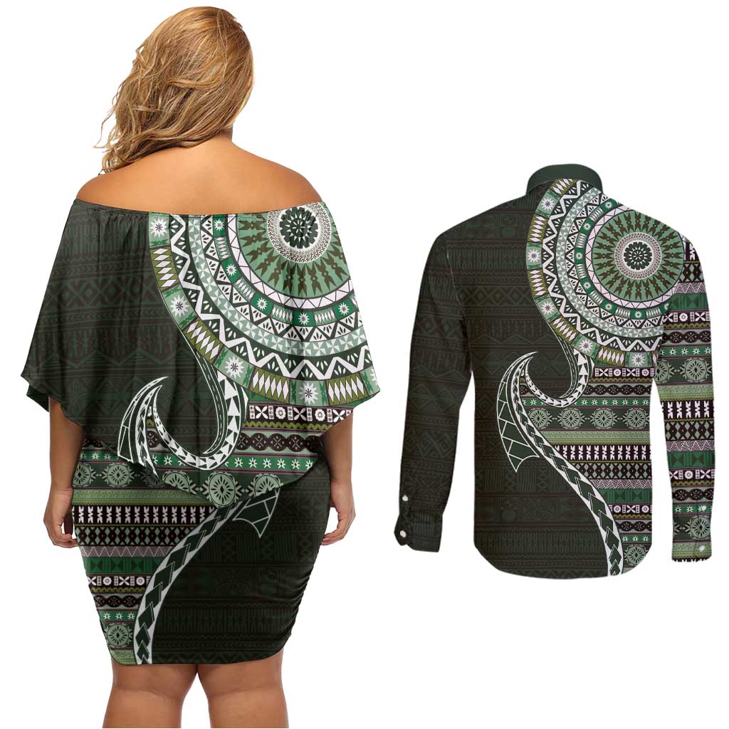 Fijian Masi Tribal Tattoos Art Pattern Couples Matching Off Shoulder Short Dress and Long Sleeve Button Shirt Green Color Half Style - Polynesian Pride