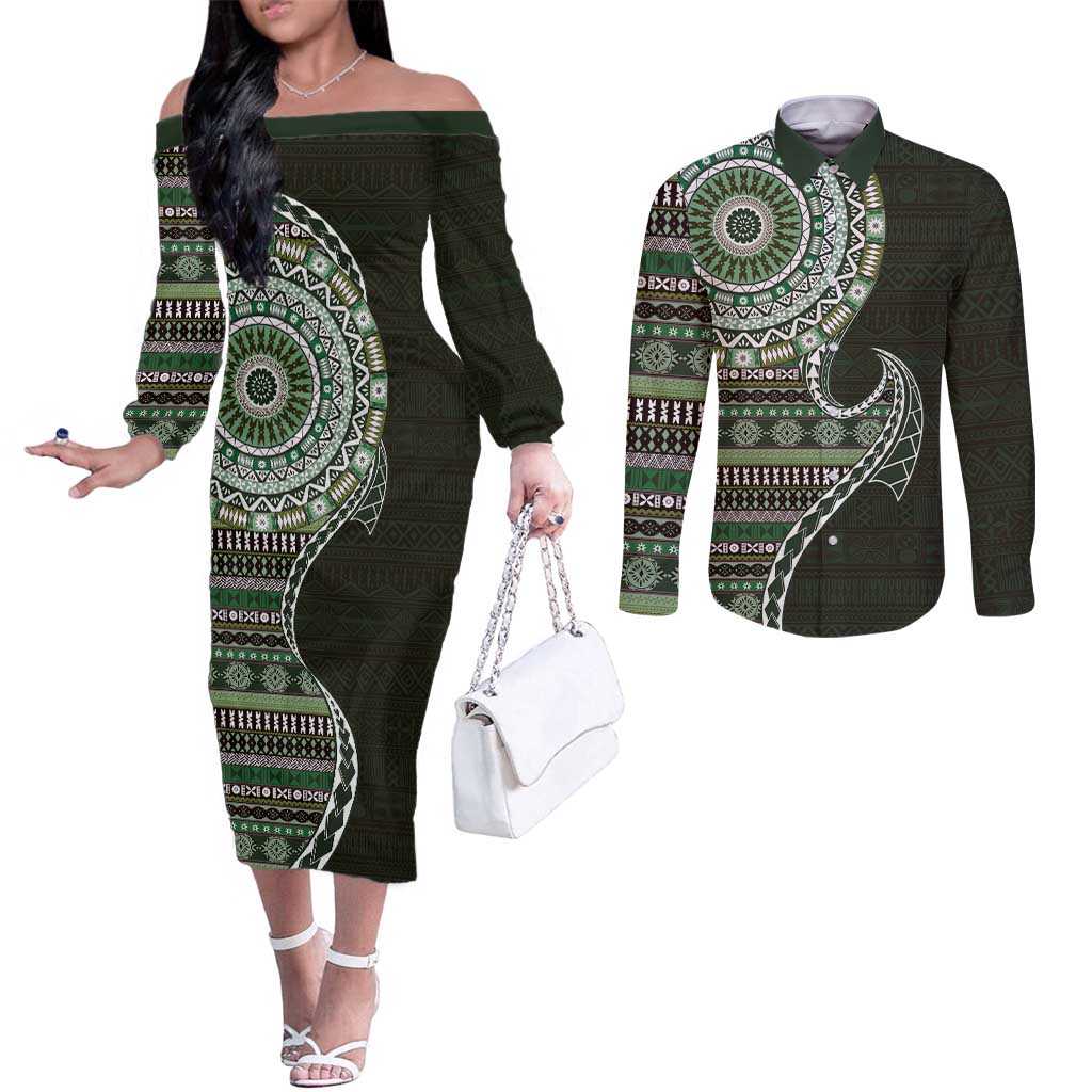 Fijian Masi Tribal Tattoos Art Pattern Couples Matching Off The Shoulder Long Sleeve Dress and Long Sleeve Button Shirt Green Color Half Style - Polynesian Pride
