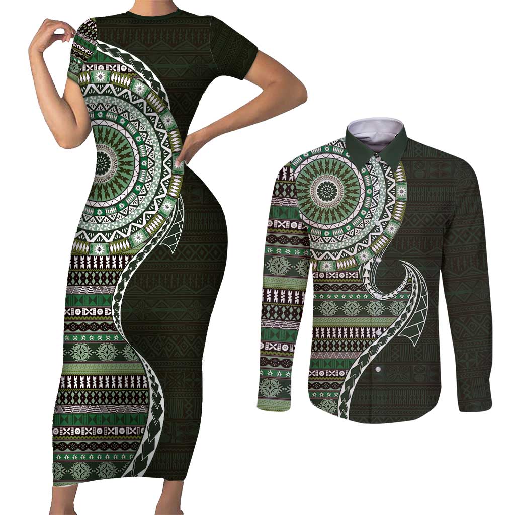 Fijian Masi Tribal Tattoos Art Pattern Couples Matching Short Sleeve Bodycon Dress and Long Sleeve Button Shirt Green Color Half Style - Polynesian Pride