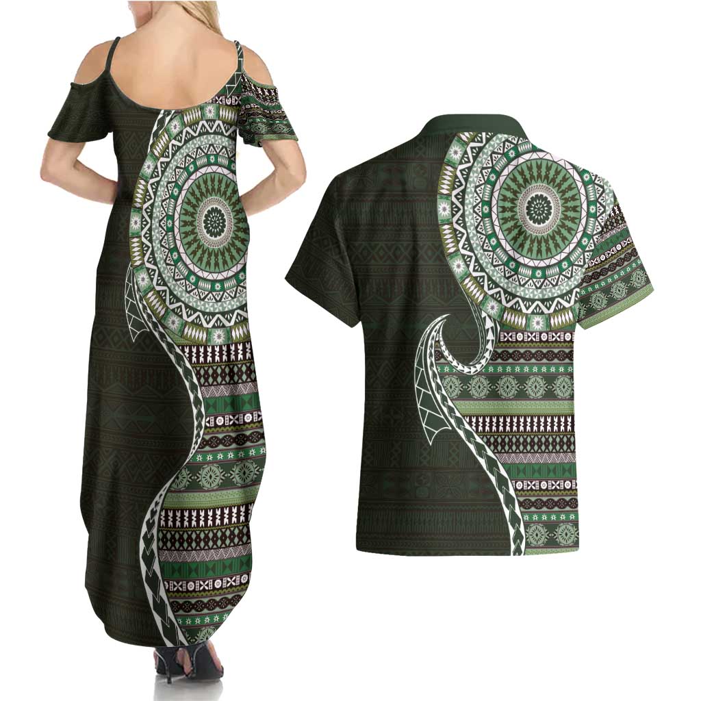 Fijian Masi Tribal Tattoos Art Pattern Couples Matching Summer Maxi Dress and Hawaiian Shirt Green Color Half Style - Polynesian Pride