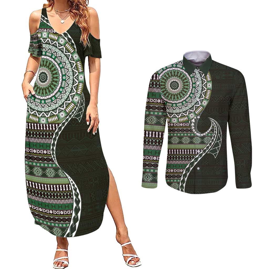Fijian Masi Tribal Tattoos Art Pattern Couples Matching Summer Maxi Dress and Long Sleeve Button Shirt Green Color Half Style - Polynesian Pride