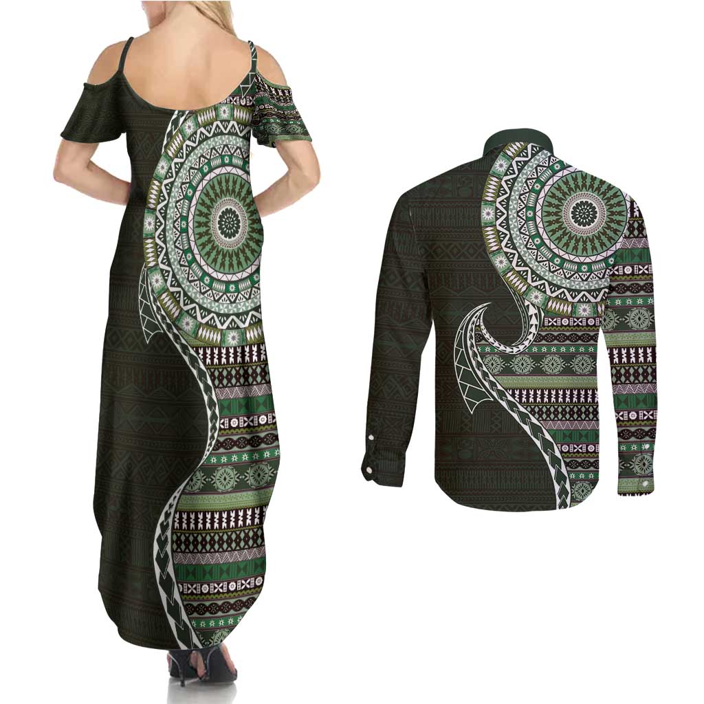 Fijian Masi Tribal Tattoos Art Pattern Couples Matching Summer Maxi Dress and Long Sleeve Button Shirt Green Color Half Style - Polynesian Pride