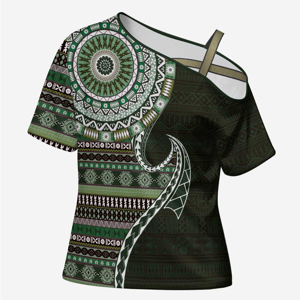 Fijian Masi Tribal Tattoos Art Pattern Cross Shoulder Shirt Green Color Half Style - Polynesian Pride