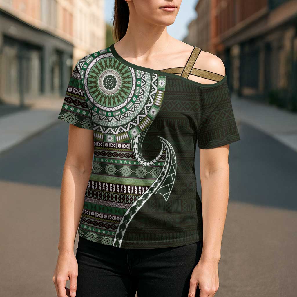 Fijian Masi Tribal Tattoos Art Pattern Cross Shoulder Shirt Green Color Half Style - Polynesian Pride