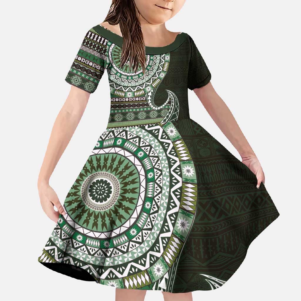 Fijian Masi Tribal Tattoos Art Pattern Family Matching Long Sleeve Bodycon Dress and Hawaiian Shirt Green Color Half Style - Polynesian Pride