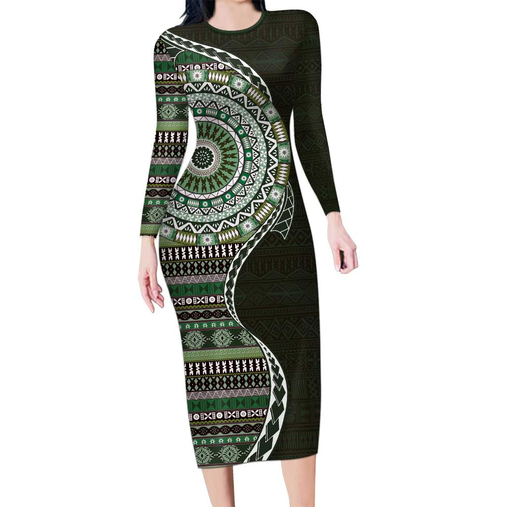 Fijian Masi Tribal Tattoos Art Pattern Family Matching Long Sleeve Bodycon Dress and Hawaiian Shirt Green Color Half Style - Polynesian Pride