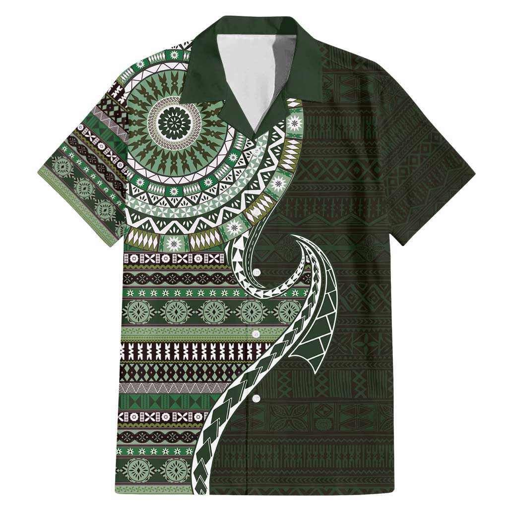 Fijian Masi Tribal Tattoos Art Pattern Family Matching Mermaid Dress and Hawaiian Shirt Green Color Half Style - Polynesian Pride
