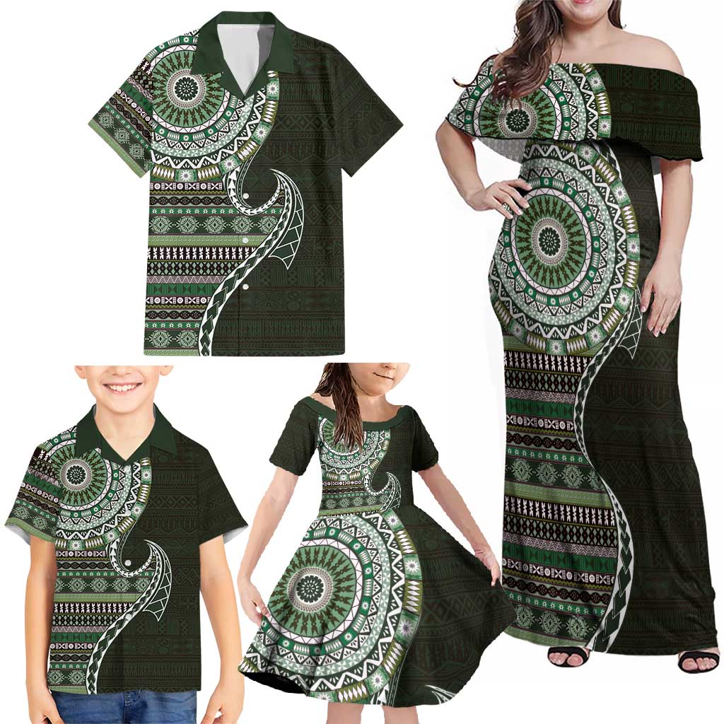 Fijian Masi Tribal Tattoos Art Pattern Family Matching Off Shoulder Maxi Dress and Hawaiian Shirt Green Color Half Style - Polynesian Pride