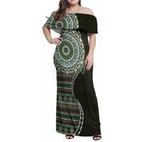 Fijian Masi Tribal Tattoos Art Pattern Family Matching Off Shoulder Maxi Dress and Hawaiian Shirt Green Color Half Style - Polynesian Pride