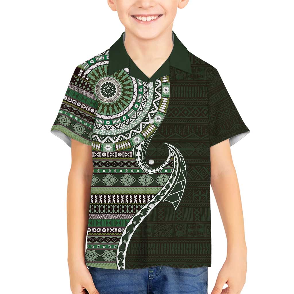 Fijian Masi Tribal Tattoos Art Pattern Family Matching Off Shoulder Maxi Dress and Hawaiian Shirt Green Color Half Style - Polynesian Pride