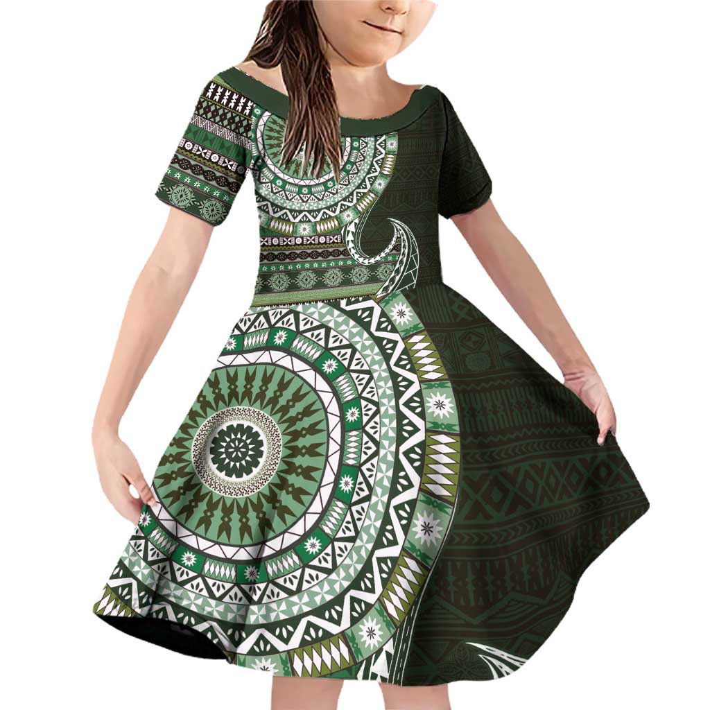 Fijian Masi Tribal Tattoos Art Pattern Family Matching Off Shoulder Short Dress and Hawaiian Shirt Green Color Half Style - Polynesian Pride