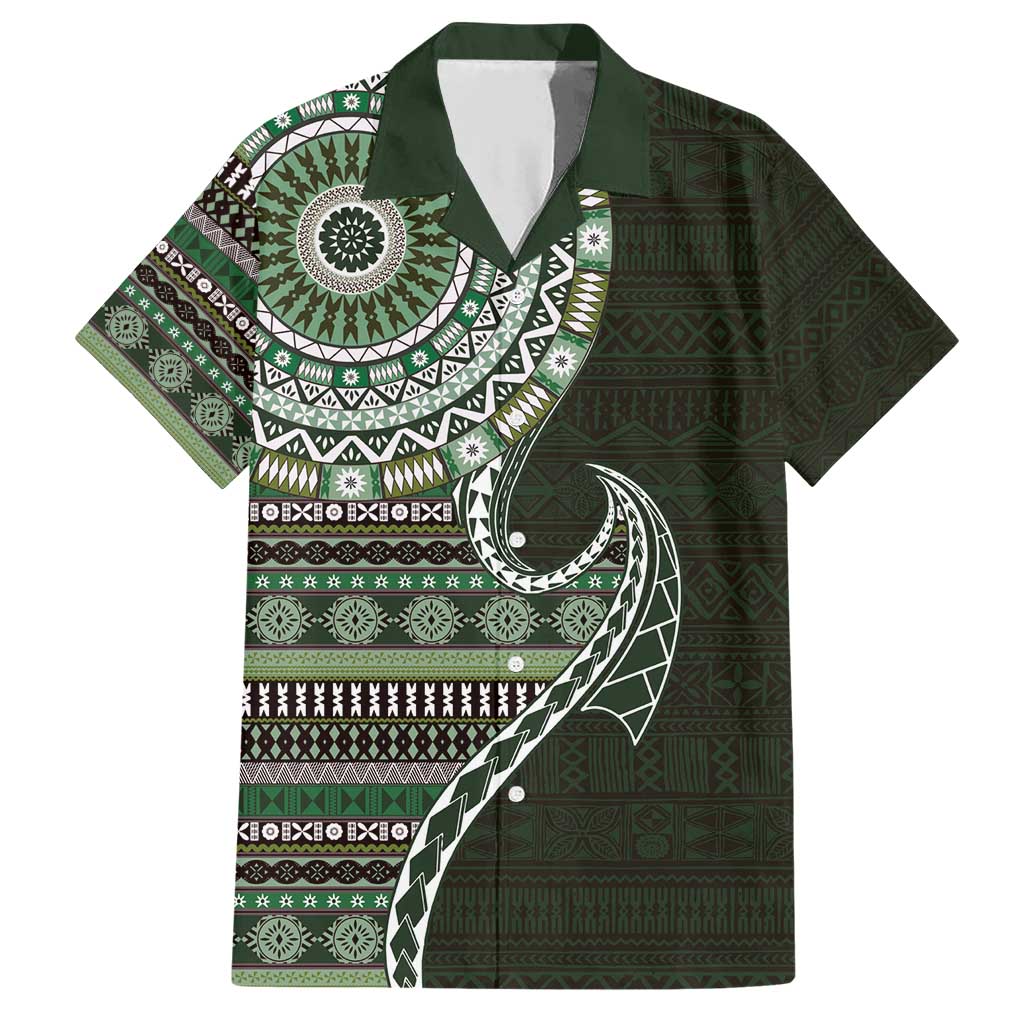 Fijian Masi Tribal Tattoos Art Pattern Family Matching Short Sleeve Bodycon Dress and Hawaiian Shirt Green Color Half Style - Polynesian Pride