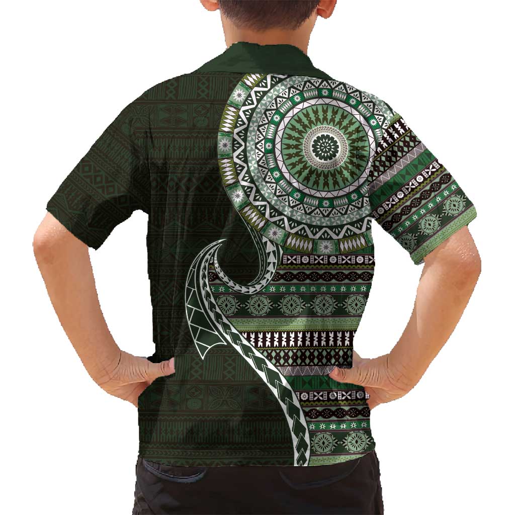 Fijian Masi Tribal Tattoos Art Pattern Family Matching Summer Maxi Dress and Hawaiian Shirt Green Color Half Style - Polynesian Pride