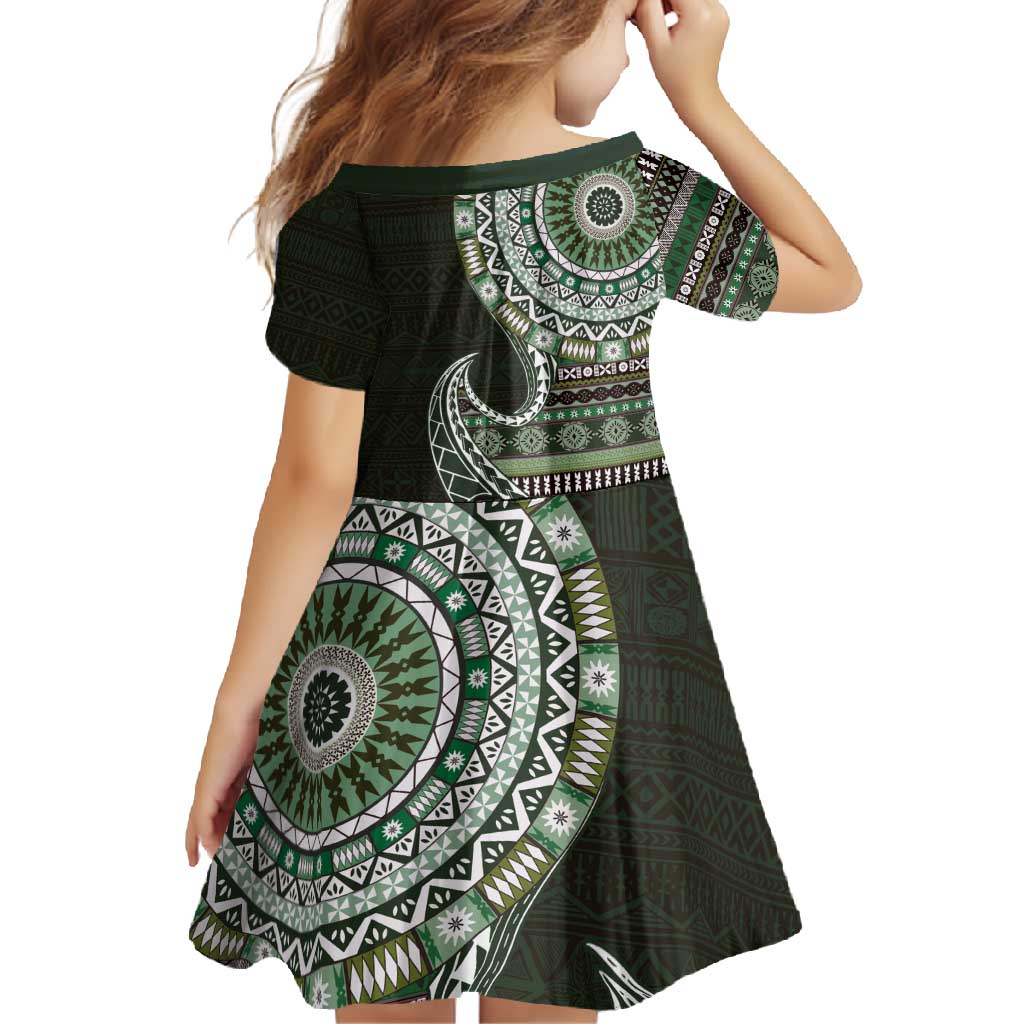 Fijian Masi Tribal Tattoos Art Pattern Family Matching Summer Maxi Dress and Hawaiian Shirt Green Color Half Style - Polynesian Pride