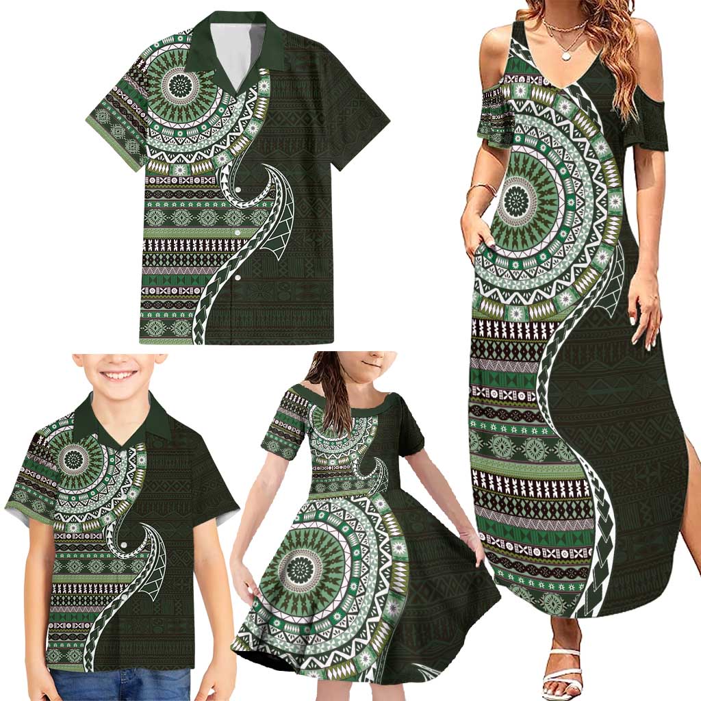 Fijian Masi Tribal Tattoos Art Pattern Family Matching Summer Maxi Dress and Hawaiian Shirt Green Color Half Style - Polynesian Pride