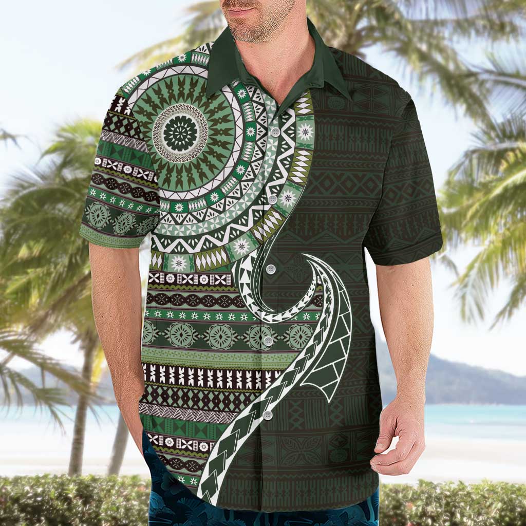 Fijian Masi Tribal Tattoos Art Pattern Hawaiian Shirt Green Color Half Style - Polynesian Pride