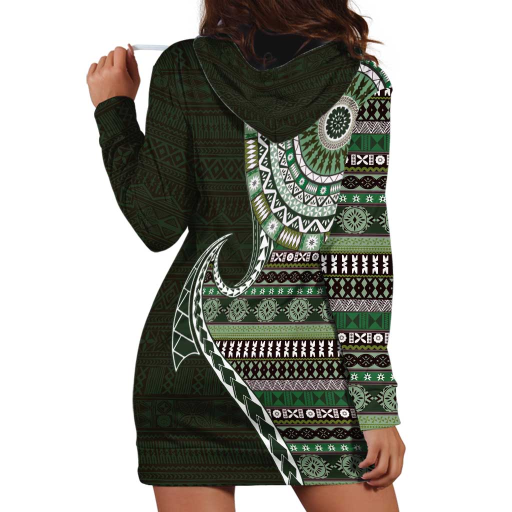 Fijian Masi Tribal Tattoos Art Pattern Hoodie Dress Green Color Half Style - Polynesian Pride