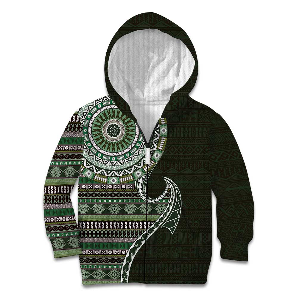 Fijian Masi Tribal Tattoos Art Pattern Kid Hoodie Green Color Half Style - Polynesian Pride
