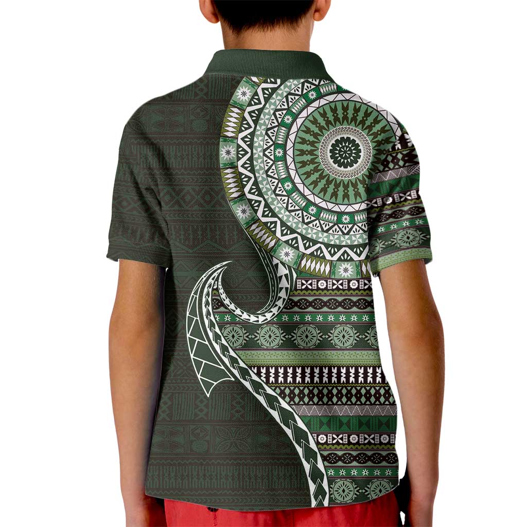 Fijian Masi Tribal Tattoos Art Pattern Kid Polo Shirt Green Color Half Style - Polynesian Pride
