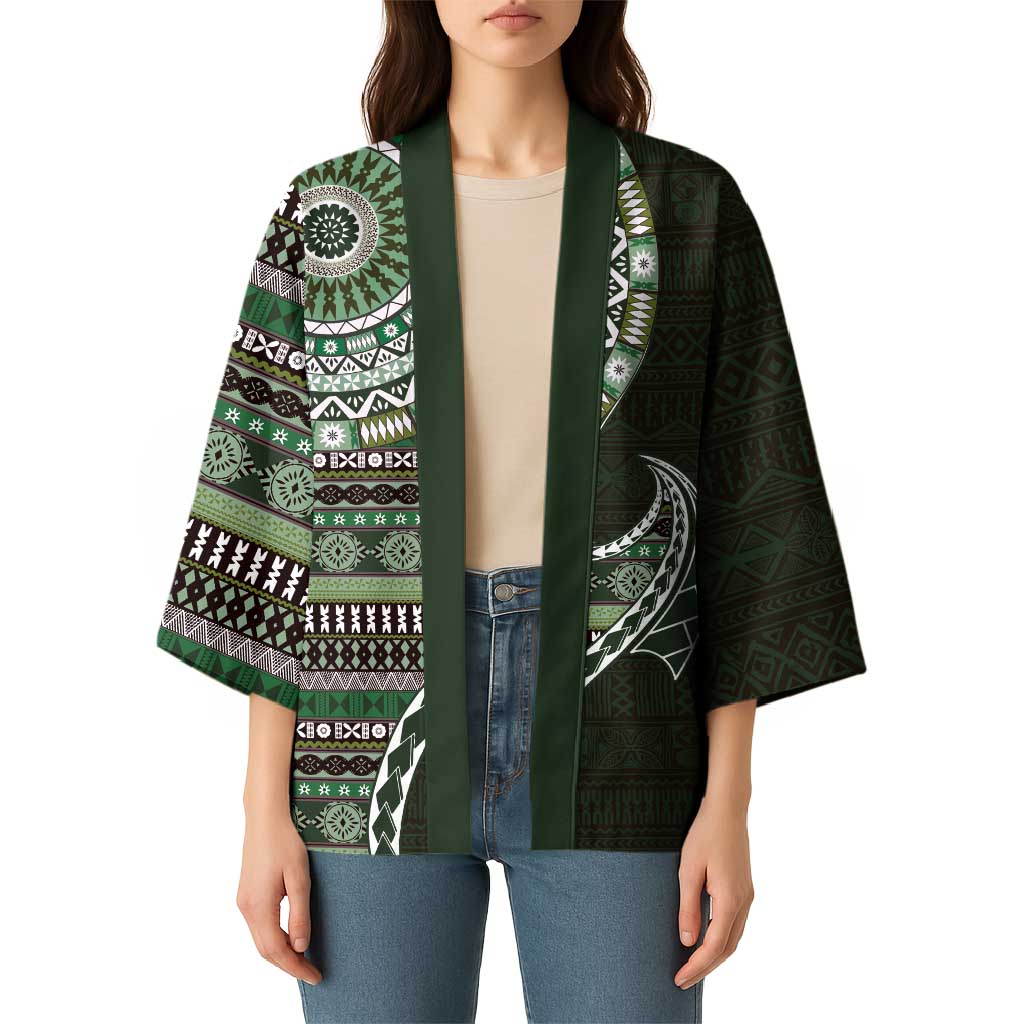 Fijian Masi Tribal Tattoos Art Pattern Kimono Green Color Half Style - Polynesian Pride