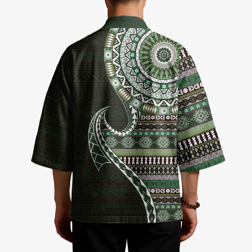 Fijian Masi Tribal Tattoos Art Pattern Kimono Green Color Half Style - Polynesian Pride