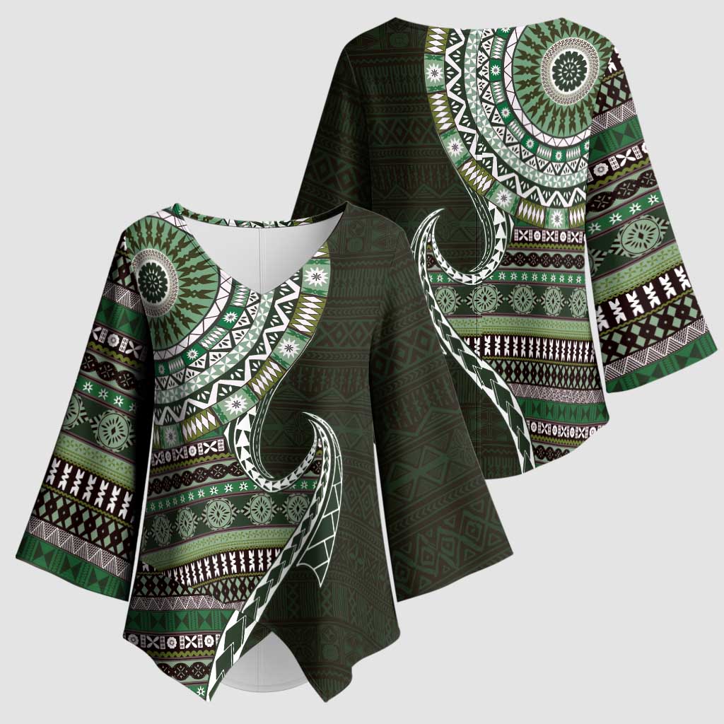 Fijian Masi Tribal Tattoos Art Pattern Kimono Sleeve Blouse Green Color Half Style - Polynesian Pride