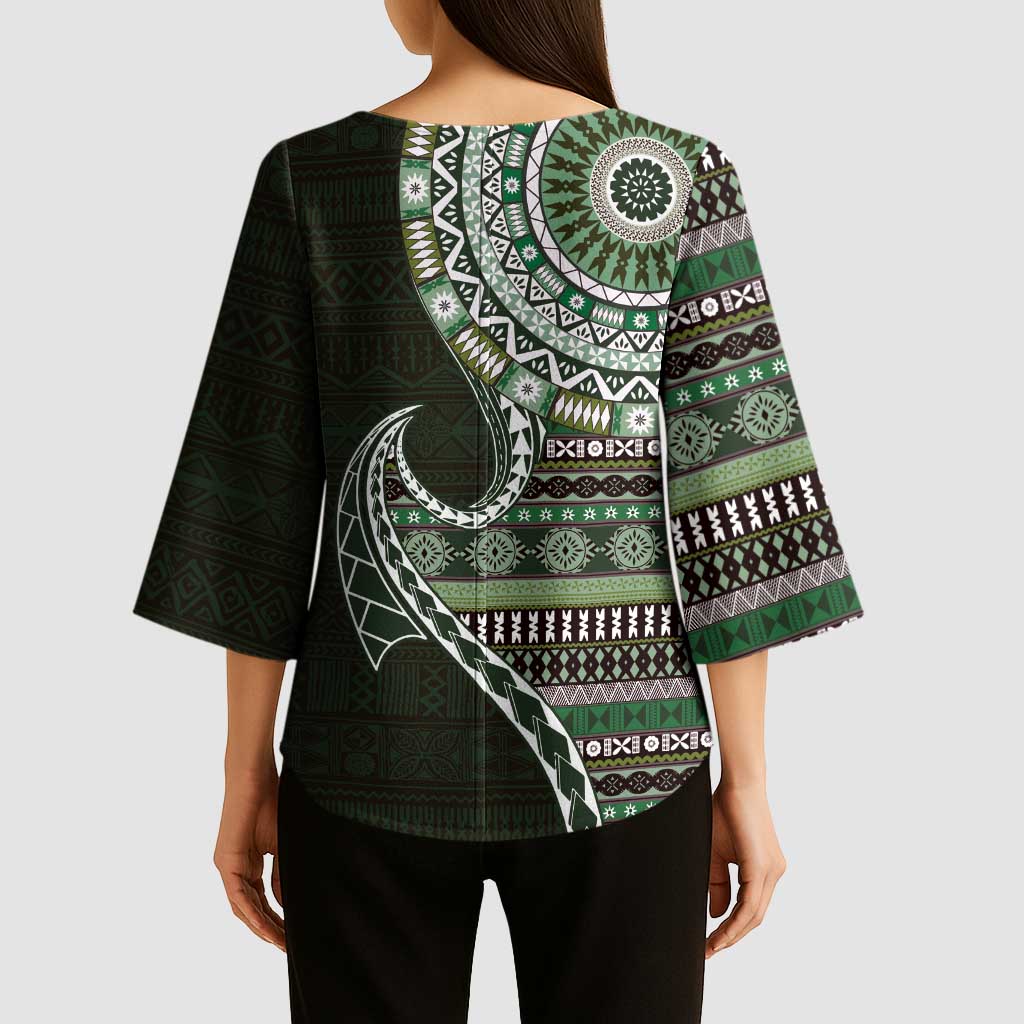 Fijian Masi Tribal Tattoos Art Pattern Kimono Sleeve Blouse Green Color Half Style - Polynesian Pride