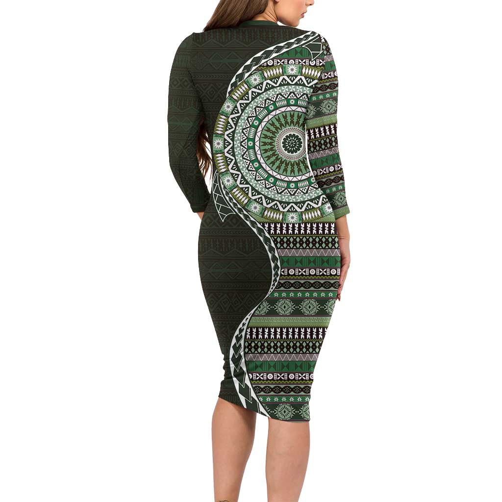 Fijian Masi Tribal Tattoos Art Pattern Long Sleeve Bodycon Dress Green Color Half Style - Polynesian Pride