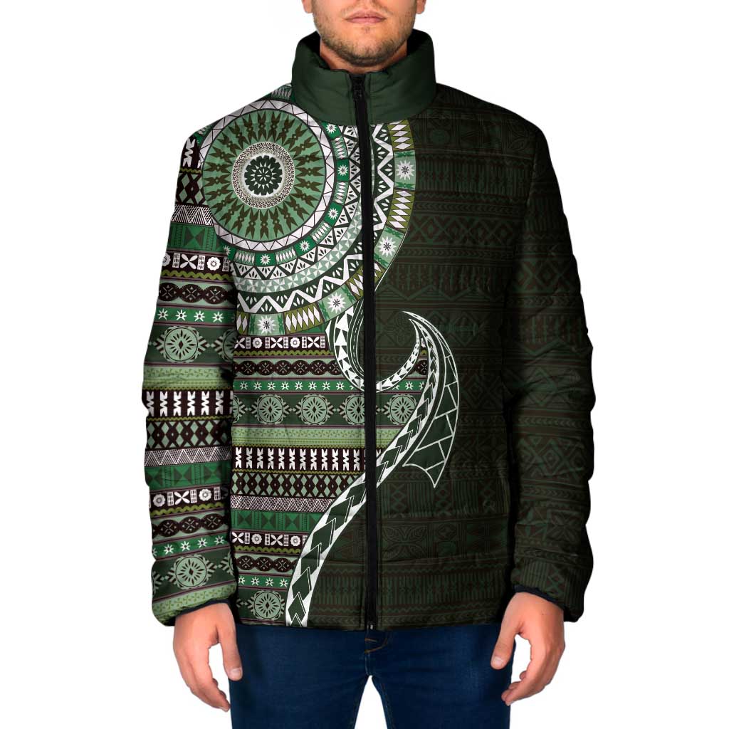 Fijian Masi Tribal Tattoos Art Pattern Padded Jacket Green Color Half Style - Polynesian Pride