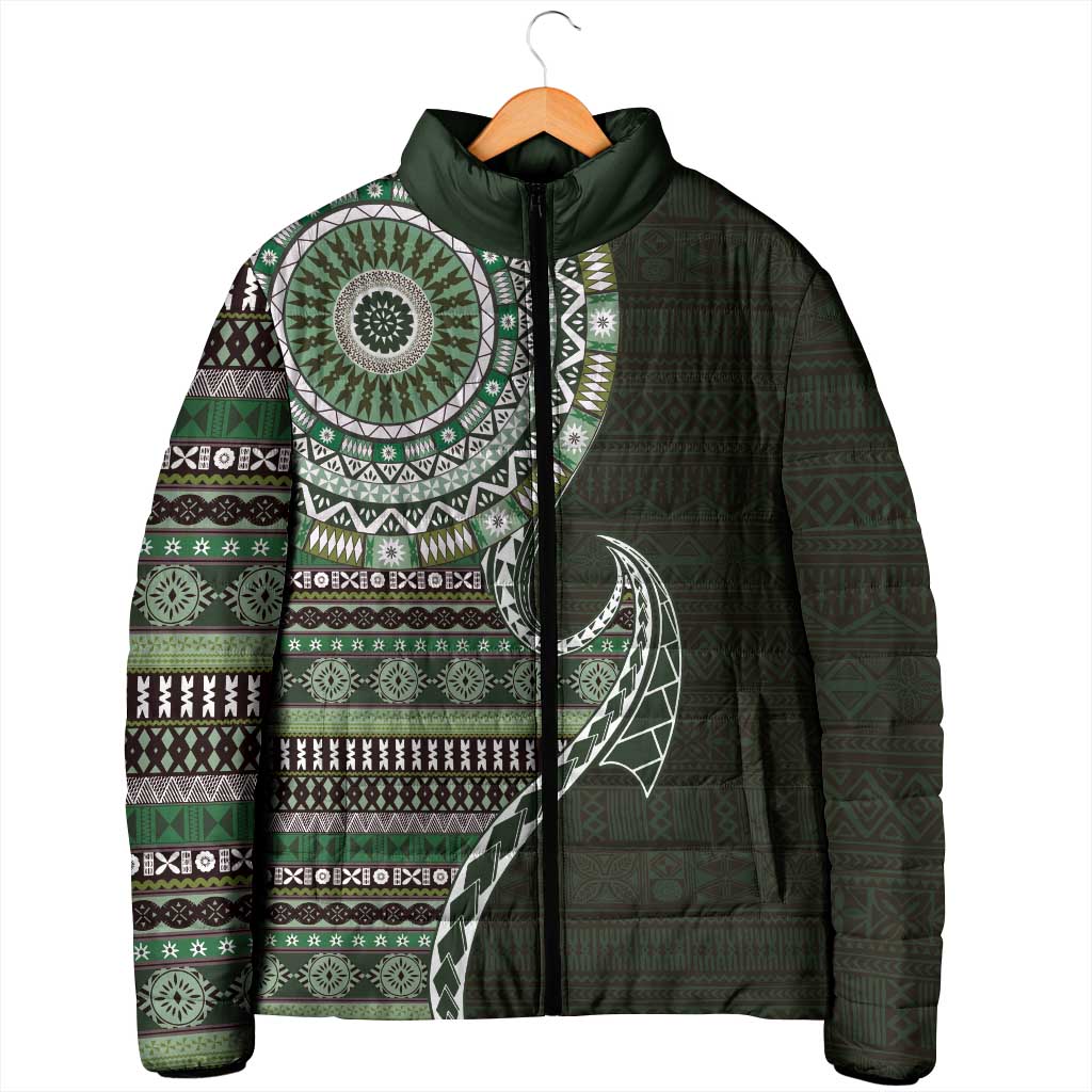 Fijian Masi Tribal Tattoos Art Pattern Padded Jacket Green Color Half Style - Polynesian Pride