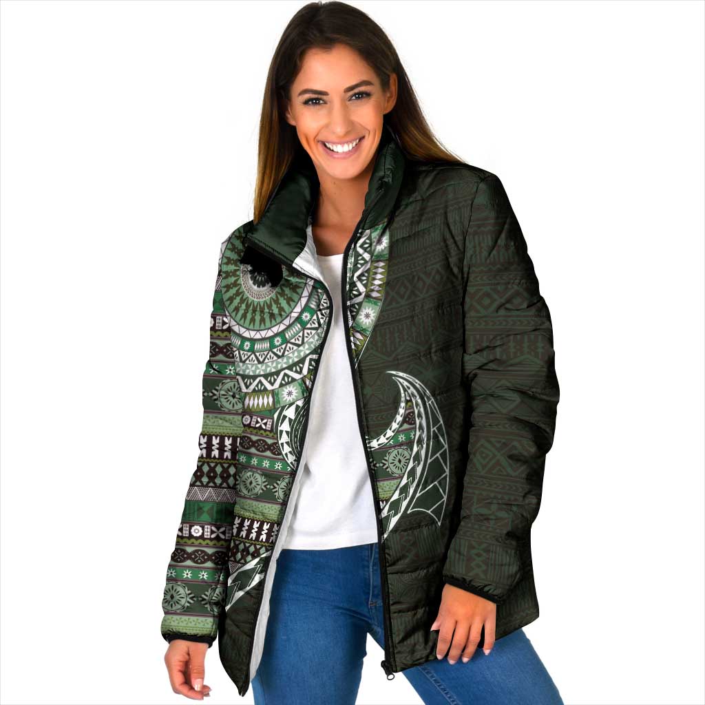 Fijian Masi Tribal Tattoos Art Pattern Padded Jacket Green Color Half Style - Polynesian Pride