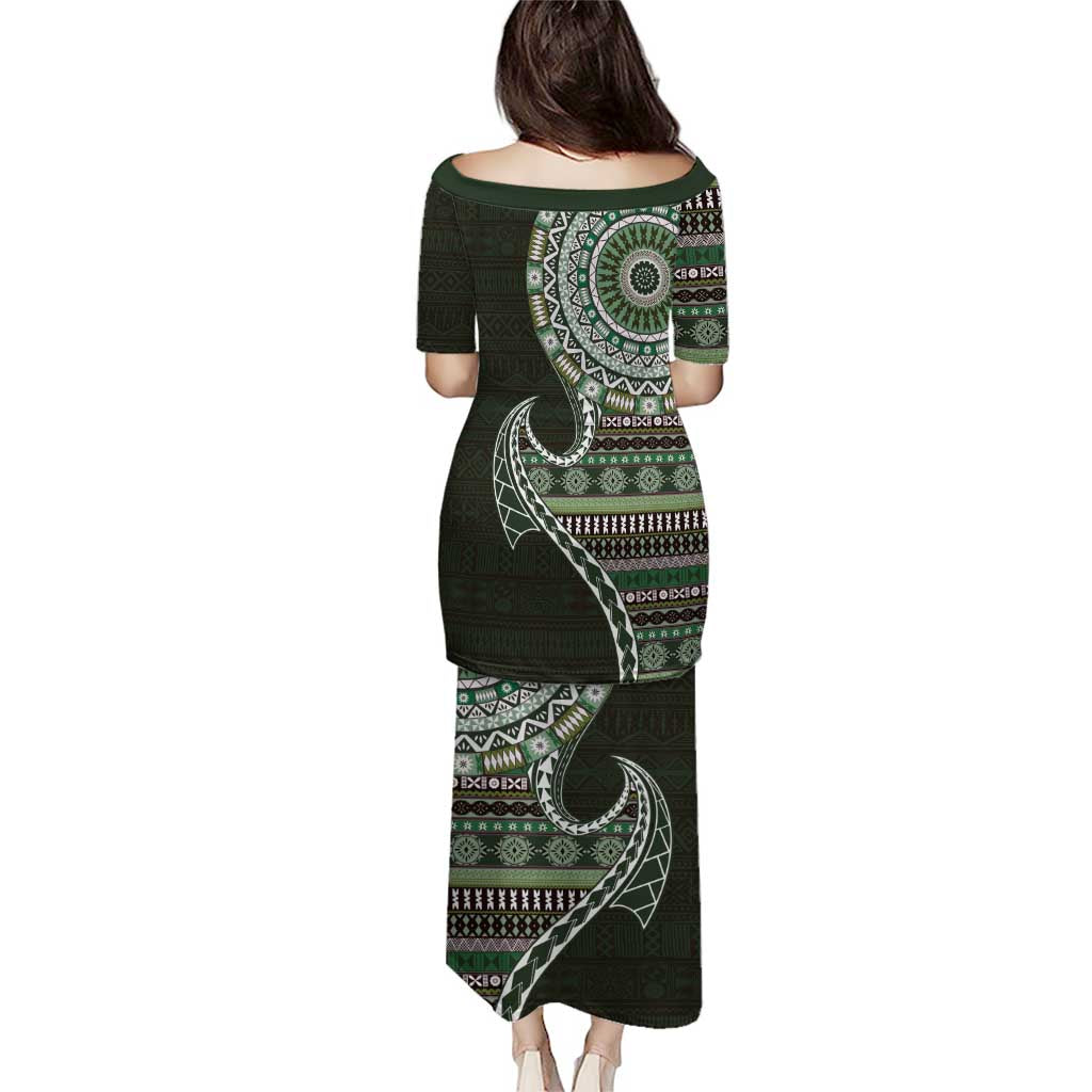 Fijian Masi Tribal Tattoos Art Pattern Puletasi Green Color Half Style - Polynesian Pride