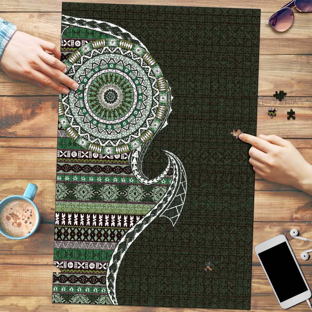 Fijian Masi Tribal Tattoos Art Pattern Puzzle Green Color Half Style - Polynesian Pride